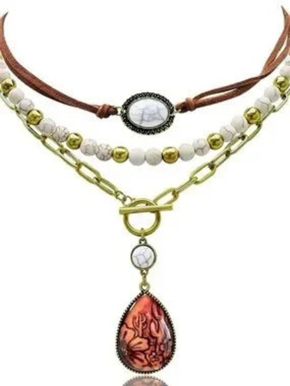 Anthropologie Brown Suede Necklace with White Stone and Antique Gold Accent